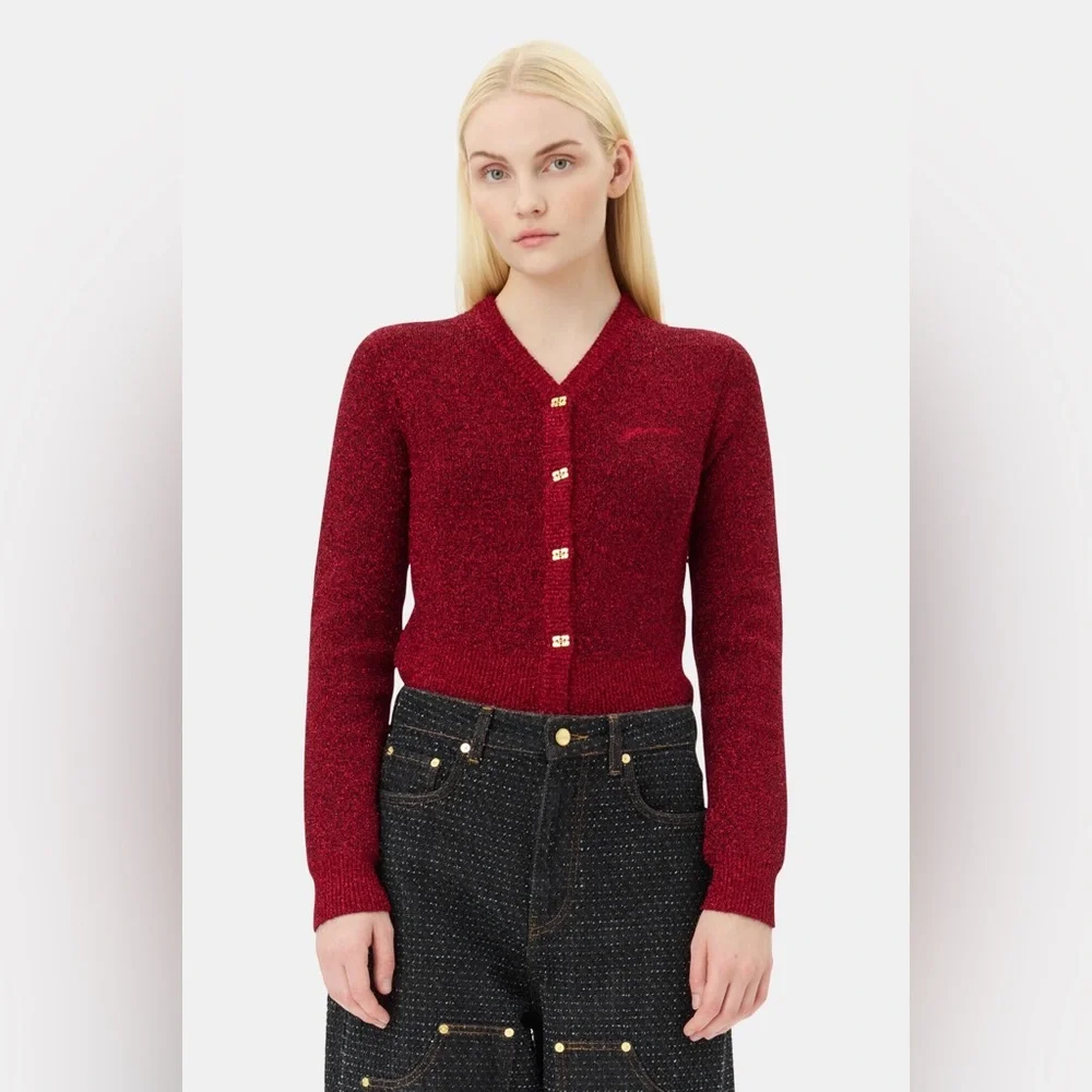Ganni Red Button-Up Knit Cardigan